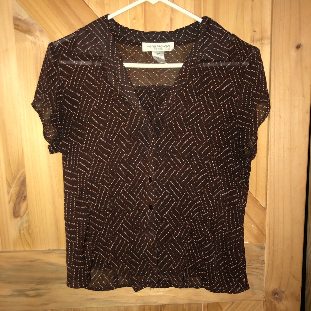 Rena Rowan Brown Short-Sleeve Button-Front Blouse with Dot Pattern Womens 10P